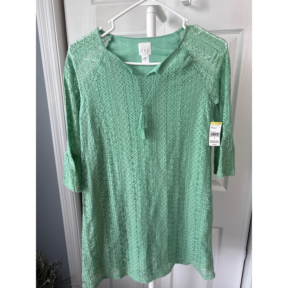 CRB Girl Dusty Jade Green Lace Boho Dress Kids Size 16 NWT Bell Sleeve Tassel